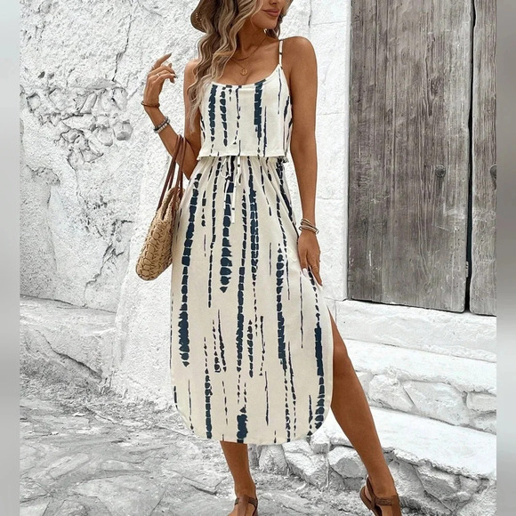 Tie-Dye Spaghetti Strap Dress With Waist Belt And Side Slit - Picture 1 of 6